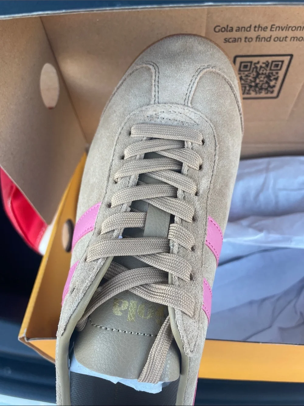 Gola Women's Bullet Pure Suede Sneaker in Tan with Pink Stripes